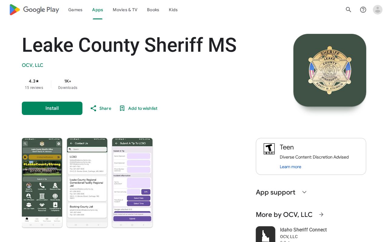 Official Leake County Sheriff app listing used to look for released inmate mugshots