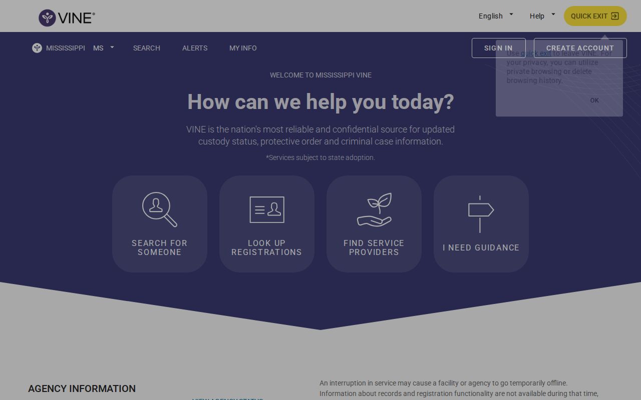 Mississippi VINELink search screen for a Leake County release check